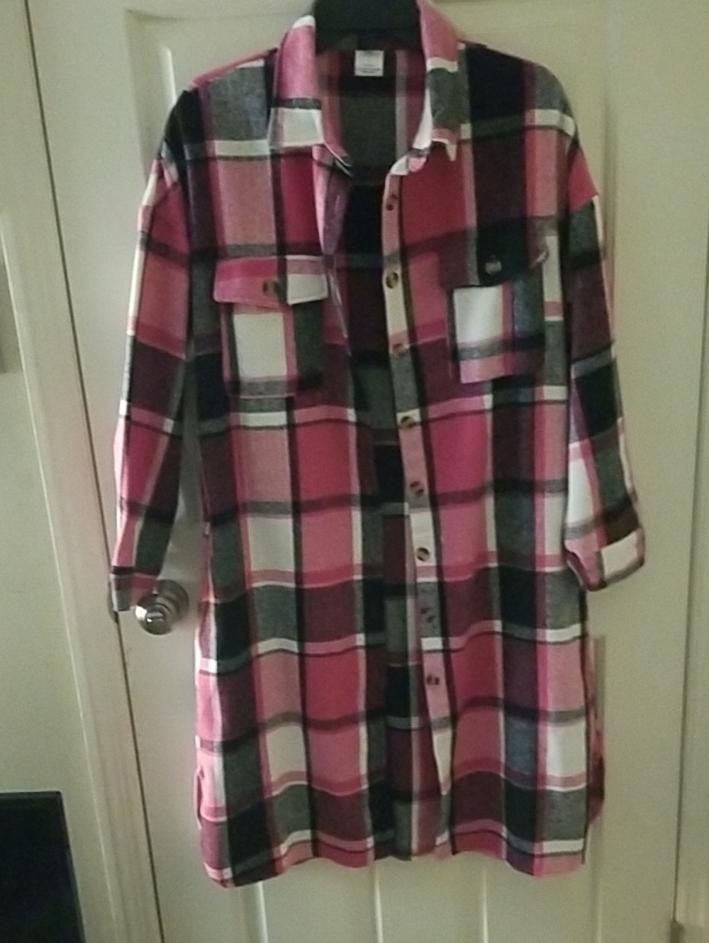 Women’s Pink Plaid Button-Up Long Shirt Jacket